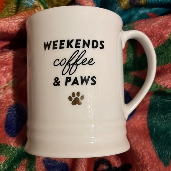 FRINGE “WEEKENDS coffee & PAWS” mug white with black letters & gold paw dog cat - Picture 1 of 5
